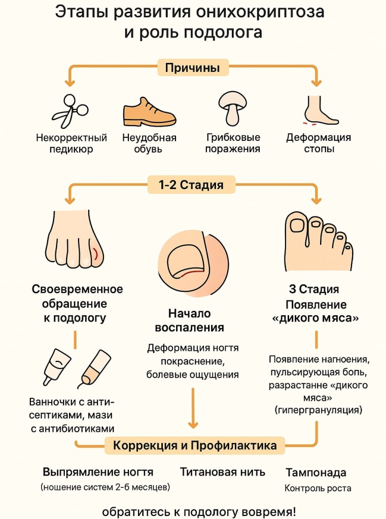 Этапы развития онихокриптоза и роль подолога